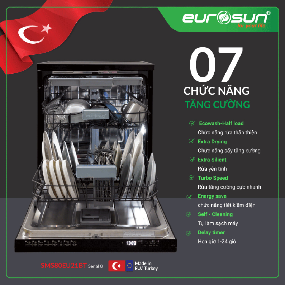 7 chức năng tăng cường Máy Rửa Chén Bát SMS80EU21BT