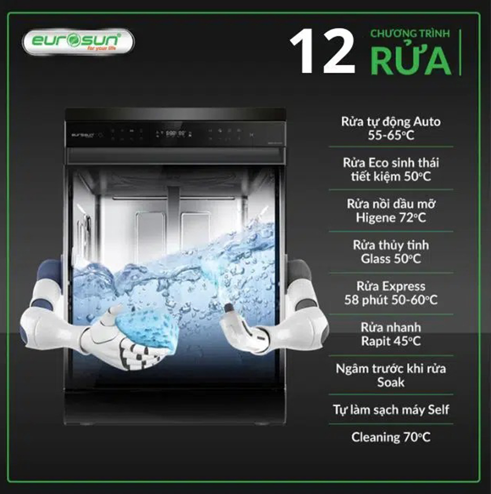 12 chương trình rửa Máy Rửa Chén Eurosun SMK82EU88G