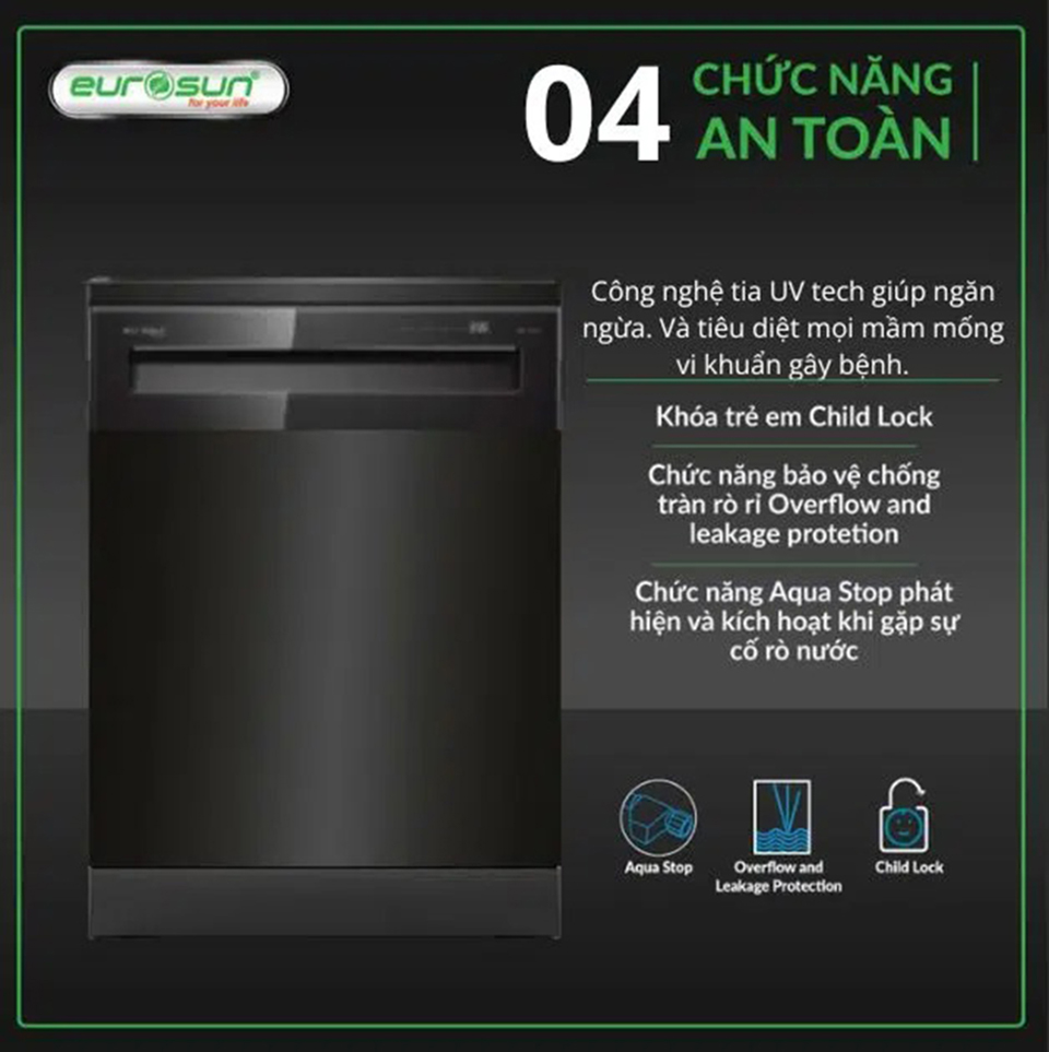 4 chức năng an toàn Máy Rửa Chén Eurosun SMK82EU88G